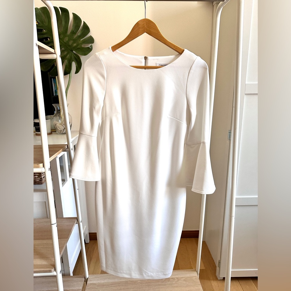 White Calvin Klein Fully Lined Bell Sleeve Sheath Dress